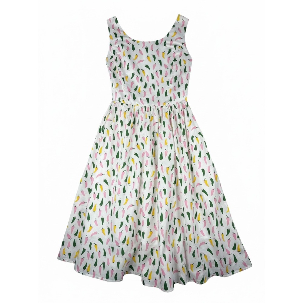 Tulip B J317 Women White Pink Chili Pepper Print Cotton Fit Flare Dress JPJD608